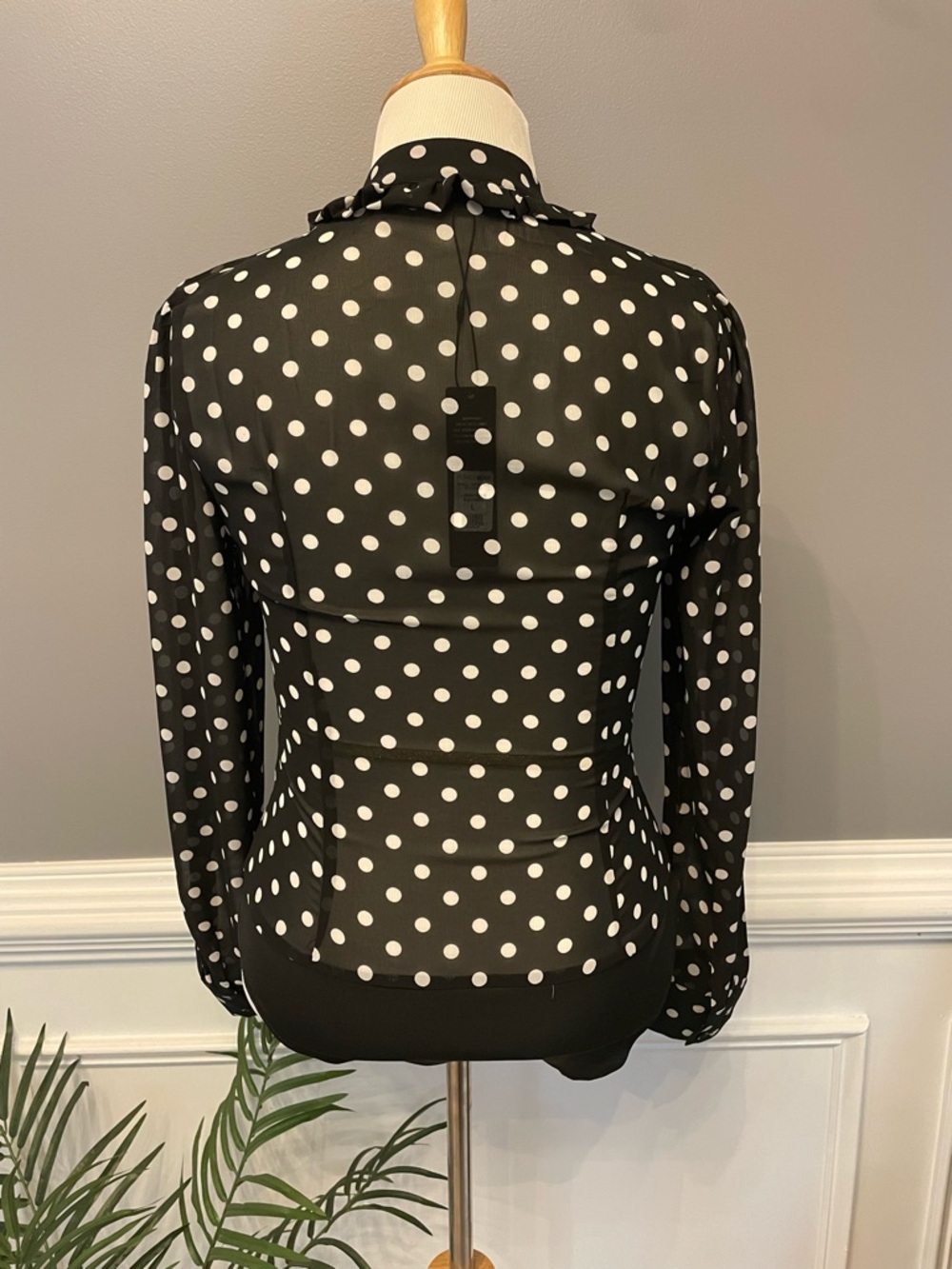 Fashion Nova Black and White Polka Dot Ruffle Tie-Neck Blouse - Picture 3 of 13